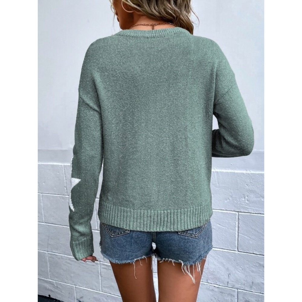 SOLD OUT Green & White Knit Star Pattern Pullover Long Sleeve Casual Sweater - Picture 2 of 2